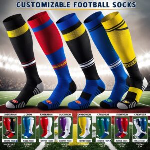 "Custom football socks in team colors, available in knee-high and crew lengths, with moisture-wicking and compression options for enhanced performance."