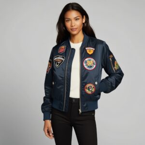 Custom women's bomber jacket with sporty, personalized designs, ideal for streetwear fashion.