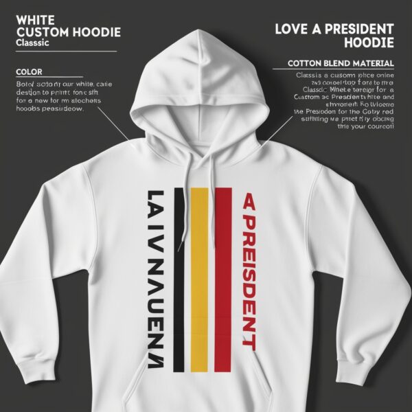 "White Custom Hoodie with 'LOVE A PRESIDENT' design in red, yellow, and black, featuring adjustable drawstrings and available in various sizes."