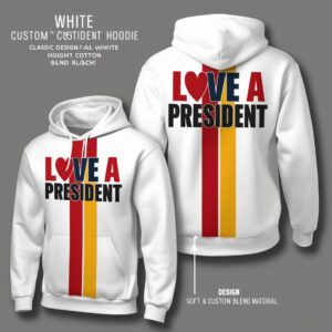 "White Custom Hoodie with 'LOVE A PRESIDENT' design in red, yellow, and black, featuring adjustable drawstrings and available in various sizes."