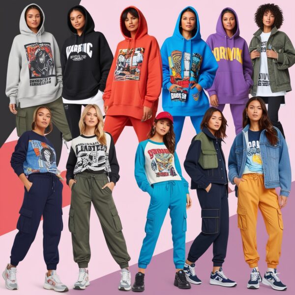"Custom graphic hoodies, oversized sweatshirts, tapered joggers, cargo pants, graphic tee dresses, denim jackets, bomber jackets, and customized sneakers showcasing unique designs and personalization options for women’s streetwear."