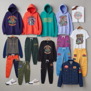 "Custom graphic hoodies, oversized sweatshirts, tapered joggers, cargo pants, graphic tee dresses, denim jackets, bomber jackets, and customized sneakers showcasing unique designs and personalization options for women’s streetwear."